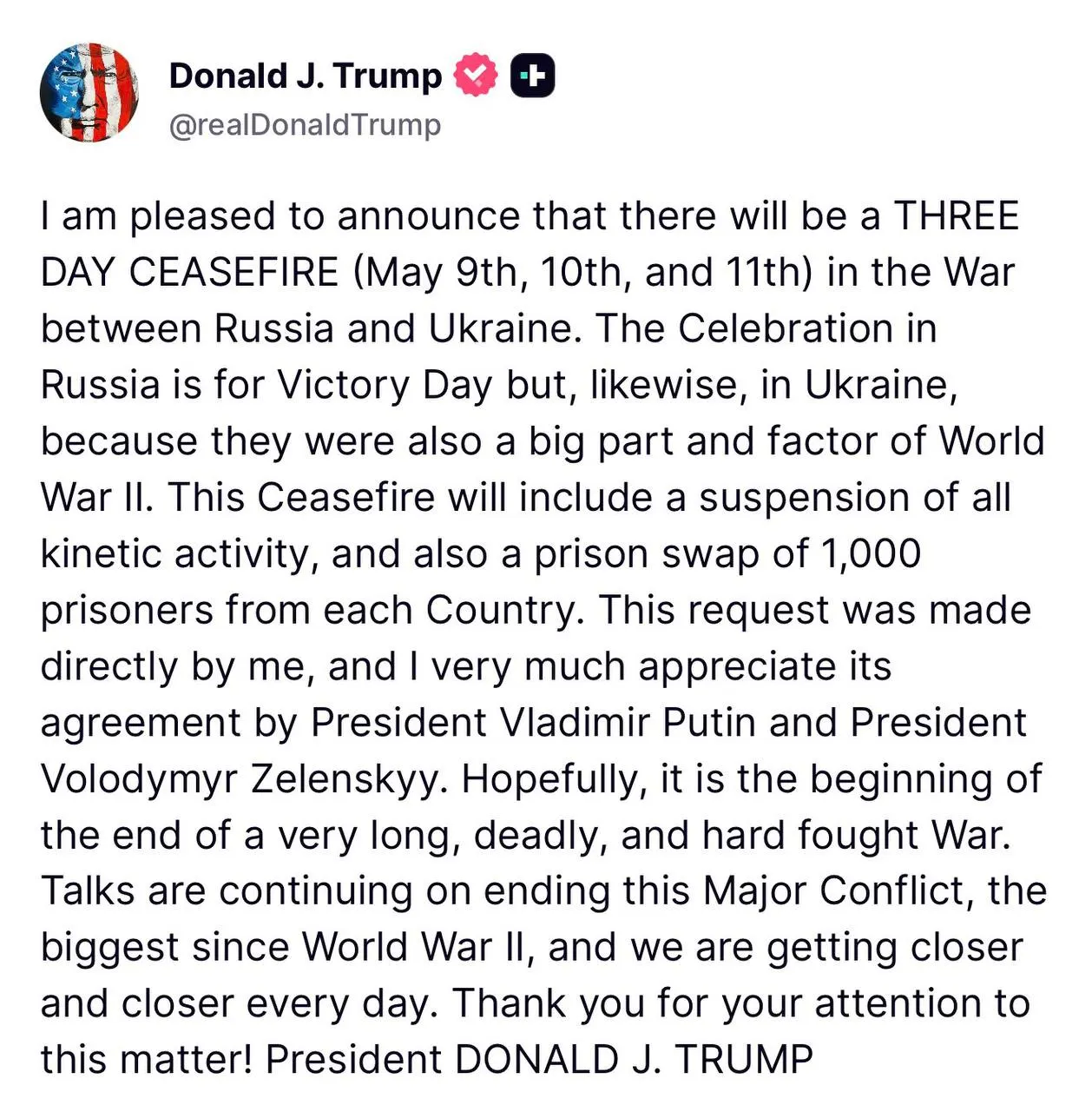 По словам Дональда Трампа, прекращение огня с 9 по 11 мая должно включать приостановку боевых действий и взаимный обмен по тысяче человек с каждой стороны.