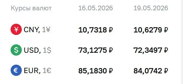 Банк России на 19 мая снизил официальный курс доллара на 78 копеек и евро на 1,11 ₽; курс юаня также уменьшился.
