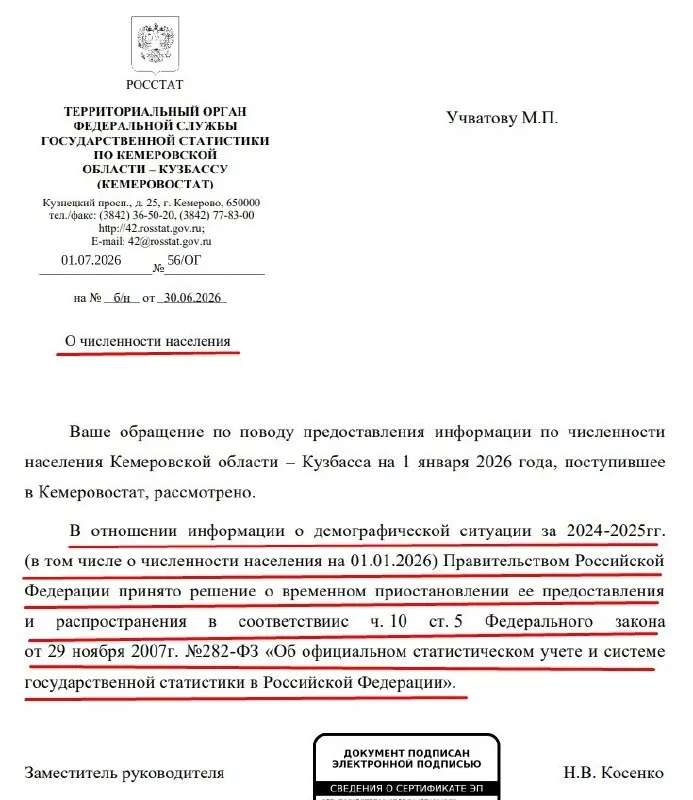Кемеровостат сообщил, что правительство РФ временно приостановило предоставление официальных данных о численности населения за 2024–2025 годы (включая данные на 1 января 2026). Основанием названа поправка в закон 2023 года, дающая правительству право устанавливать «особенности доступа» к статистике.
